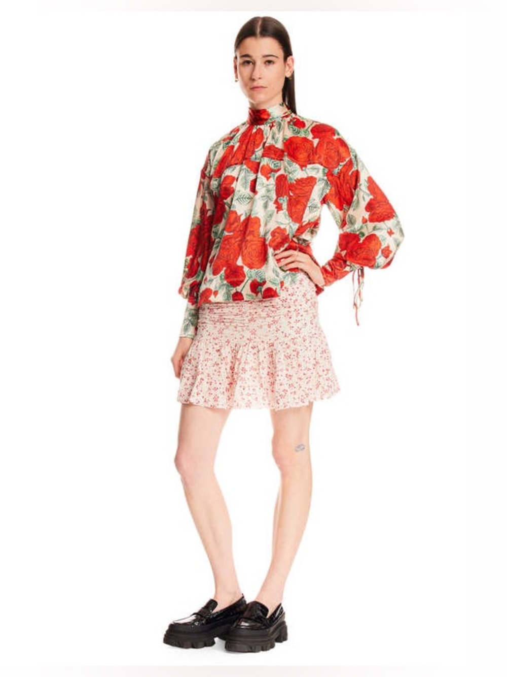 Ganni Floral Ruched Bubble Mini Skirt Cream Red EU 32 (US 0)